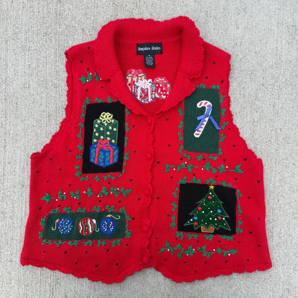 Vintage 90s Hampshire Studio Ugly Christmas Sweater Vest Red Collared PM